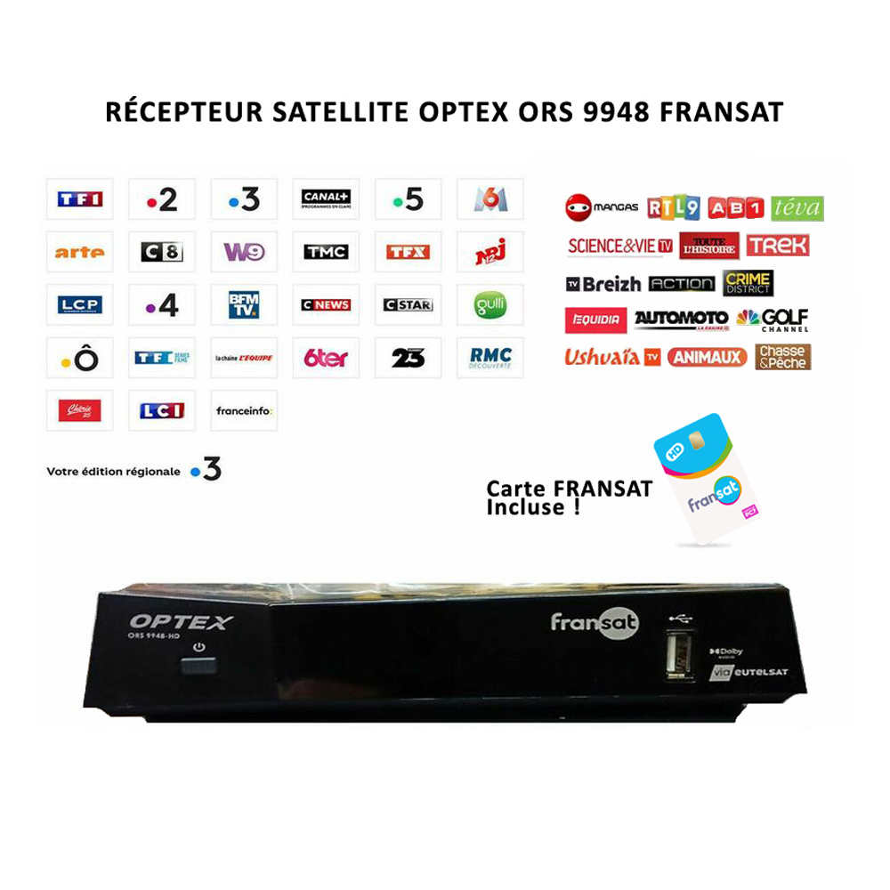 Récepteur Satellite HD Optex ORS 9948 FRANSAT + Carte FRANSAT Valable 4 Ans